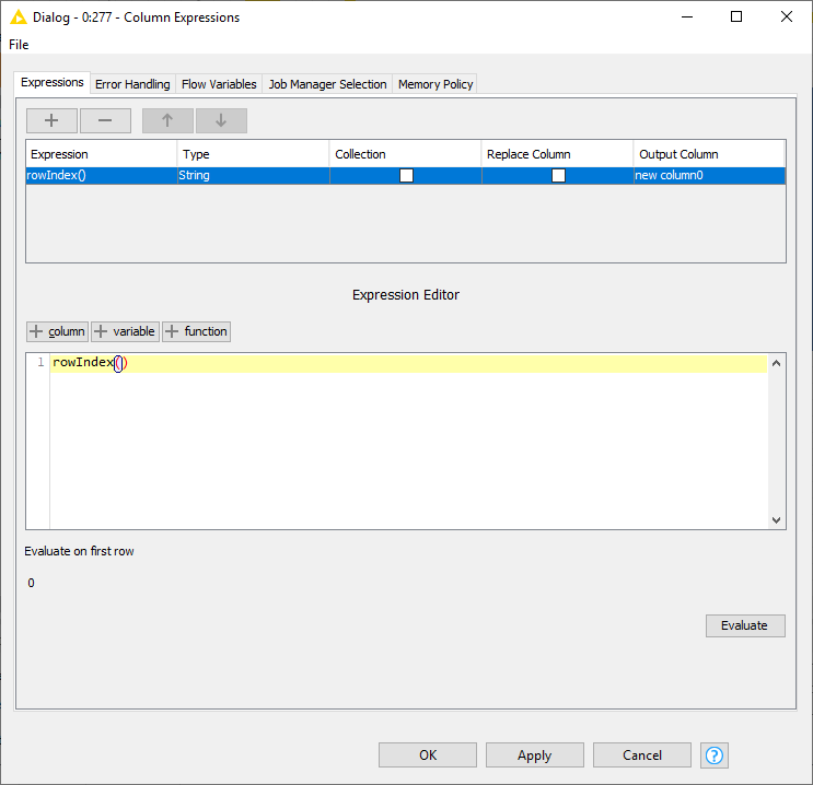 Column Expressions rowIndex function Evaluated and executed values