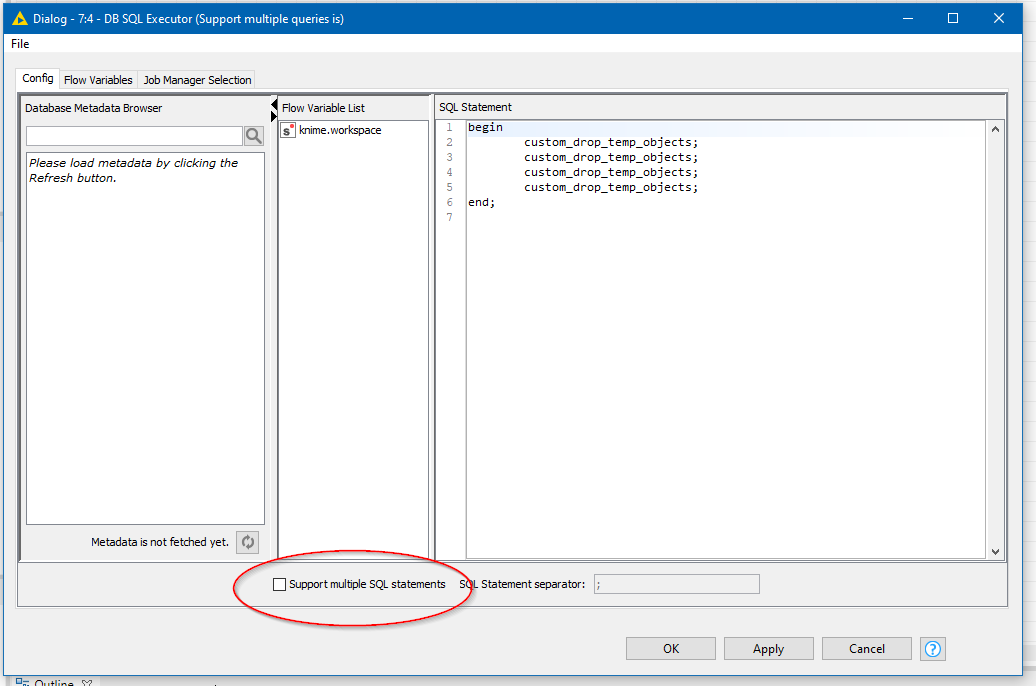 Failure in Executing Oracle Procedure from DB Query Reader KNIME