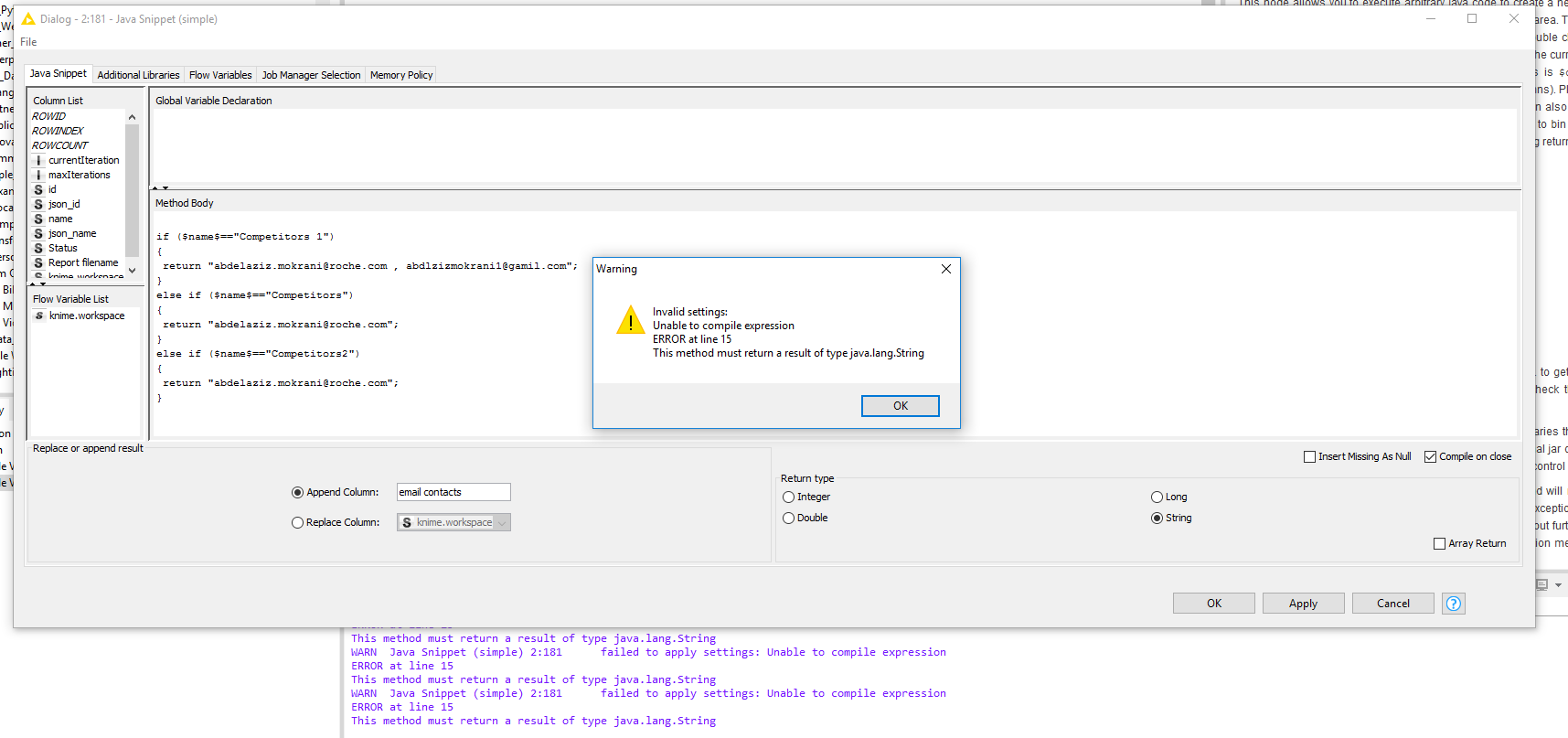Java Snippet Simple Failed This Method Must Return A Result Of Type String Knime Development Knime Community Forum