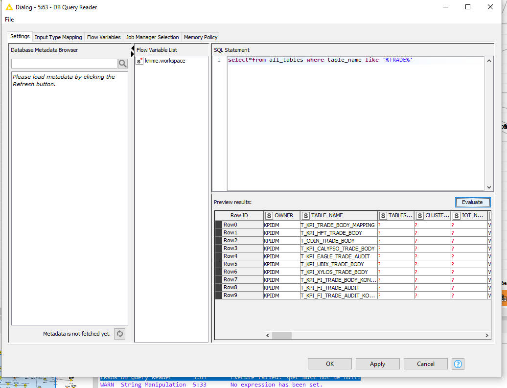 ERROR DB Query Reader - Execute failed: Spec must not be ERROR DB Query Reader - Execute failed: Spec must not be