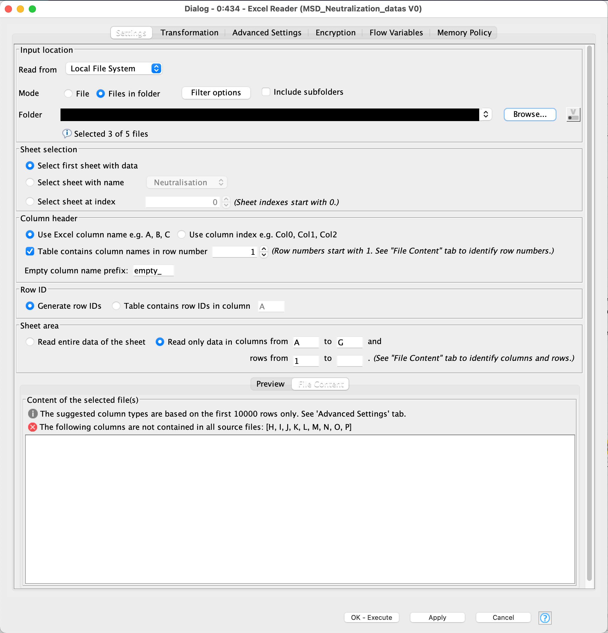 Excel Reader Node fails to read in several files in a folder