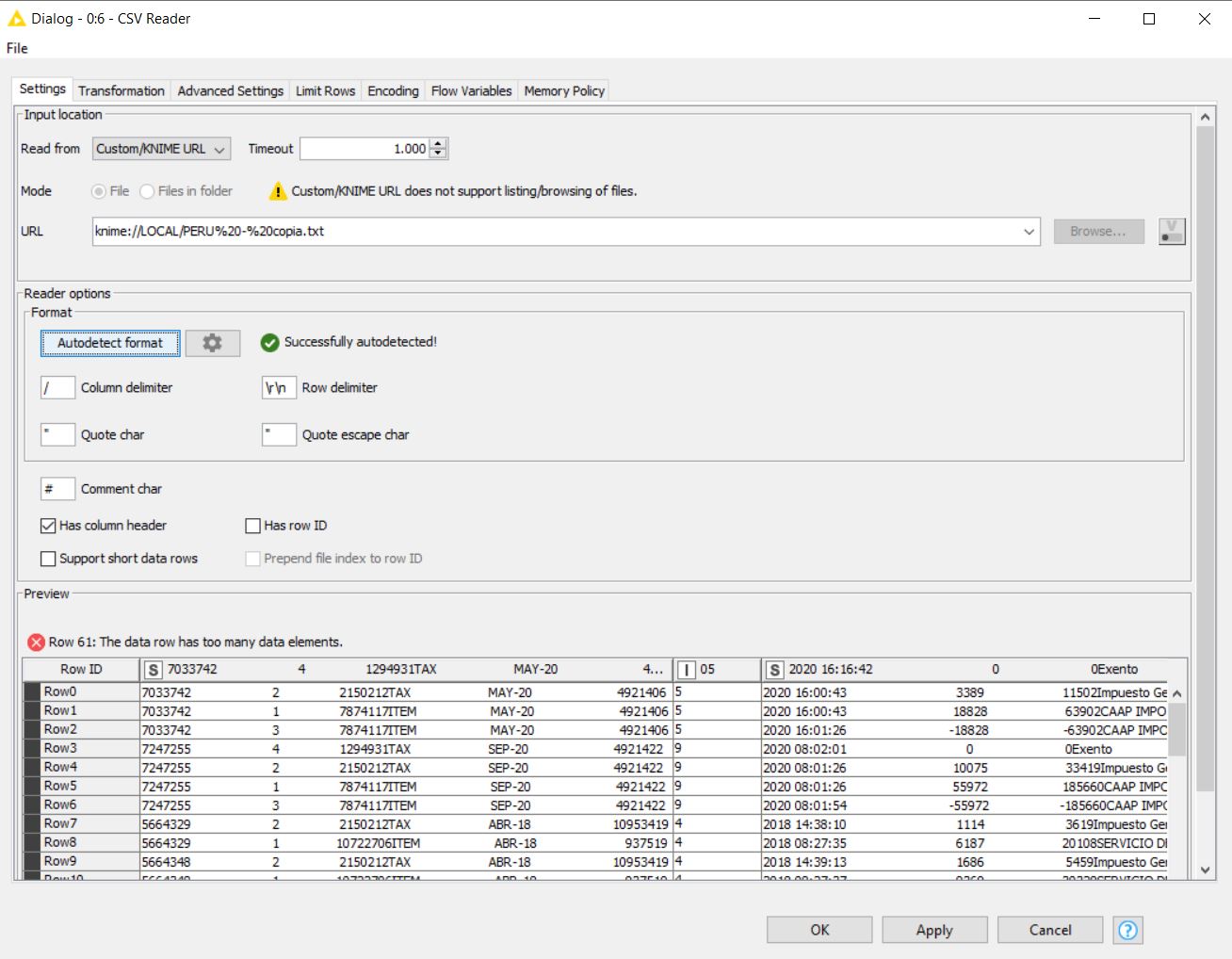 Column delimiter CSV reader KNIME Analytics Platform KNIME