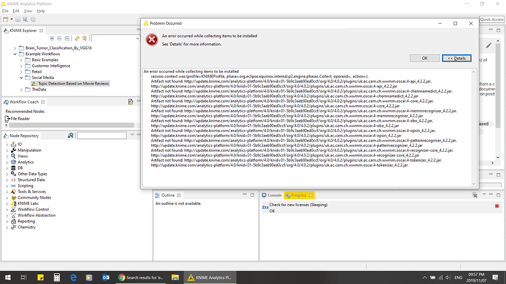error while installing textprocessing extension KNIME Extensions