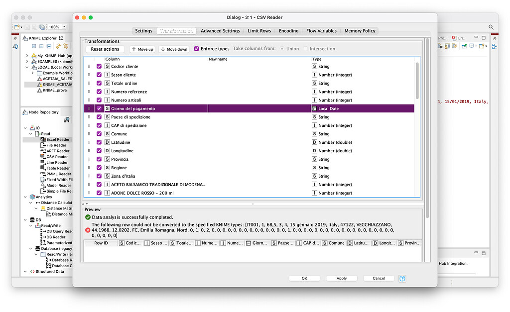 CSV READER PROBLEM The following row could not be converted to