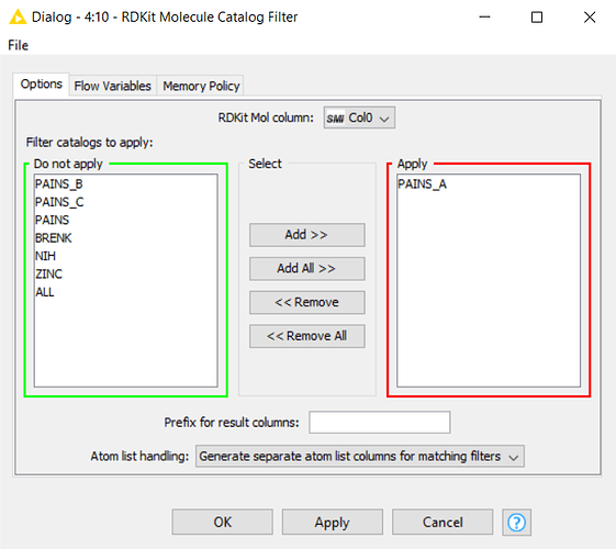 RDKit Molecule Catalog Filter Configuration