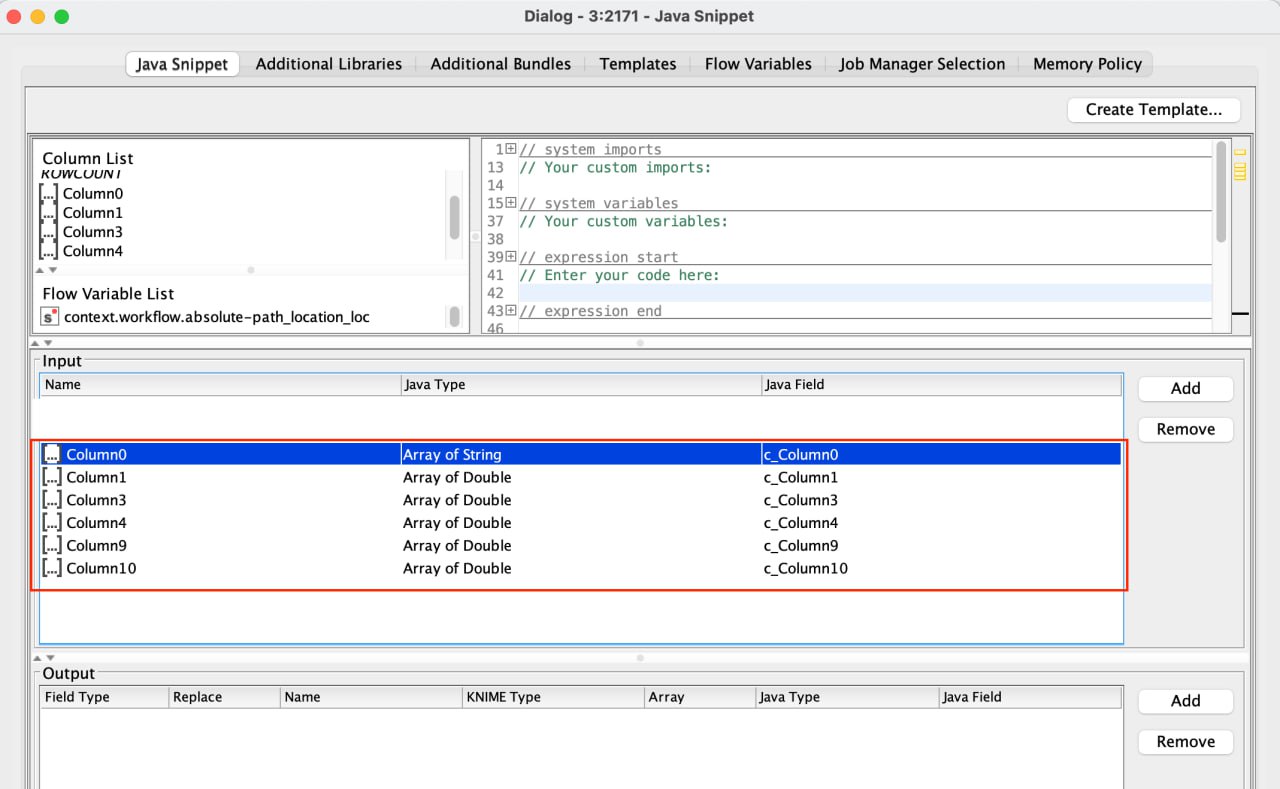 How transfer columns to variable in java snippet KNIME